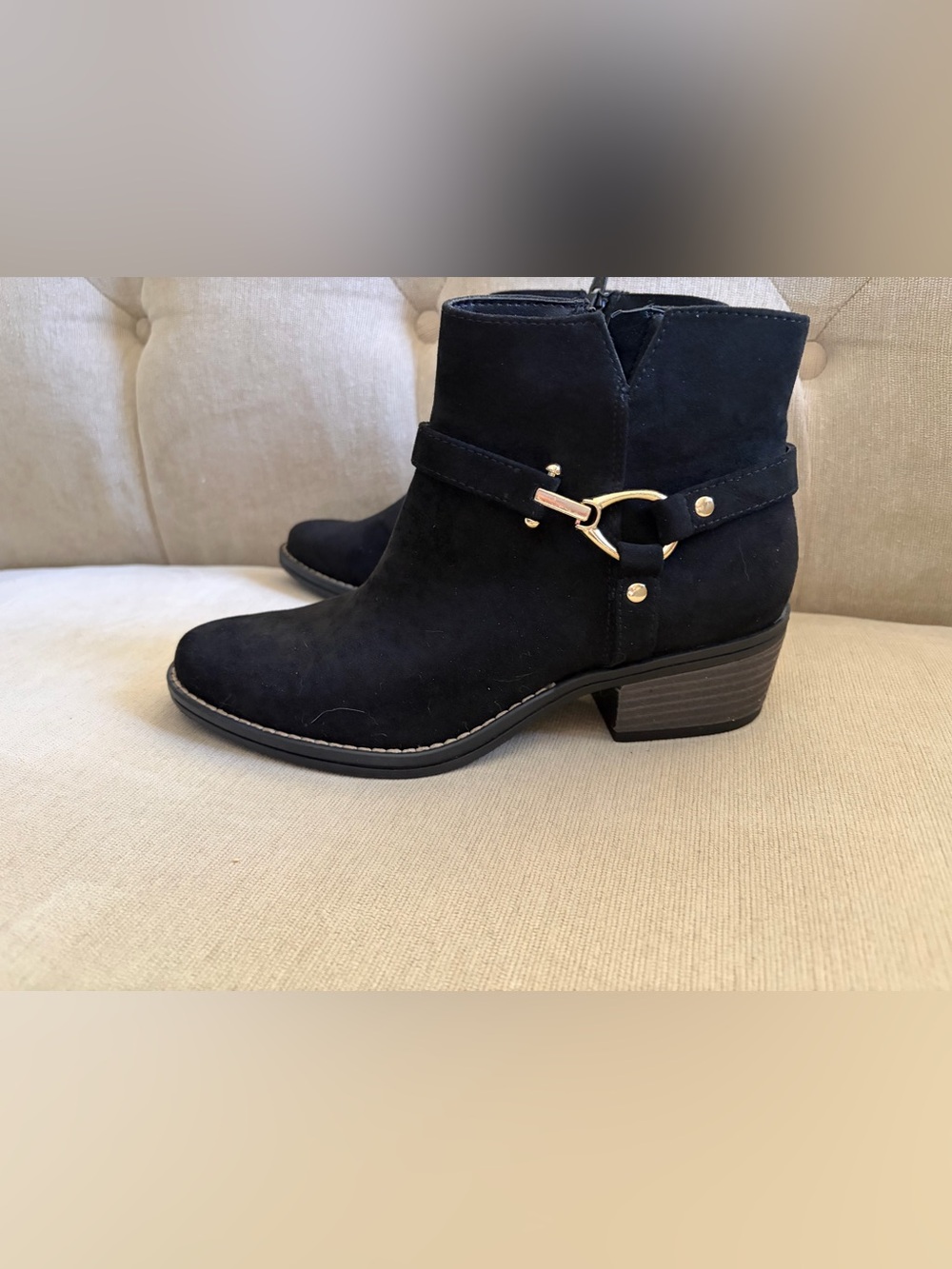 White Mountain Black Suede Ankle Booties with Gold Accent Ring